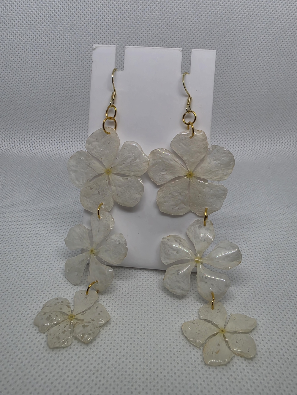 Delicate White Floral Dangle Earrings - Lightweight Resin Petal Design
